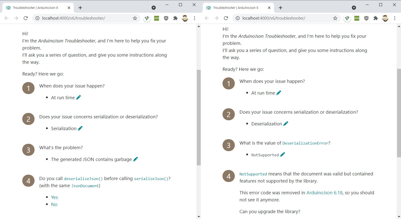 Screen capture of ArduinoJson Troubeshooter