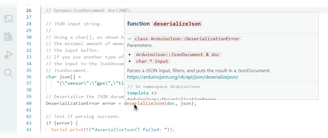 The Arduino IDE showing the documentation for deserializeJson()