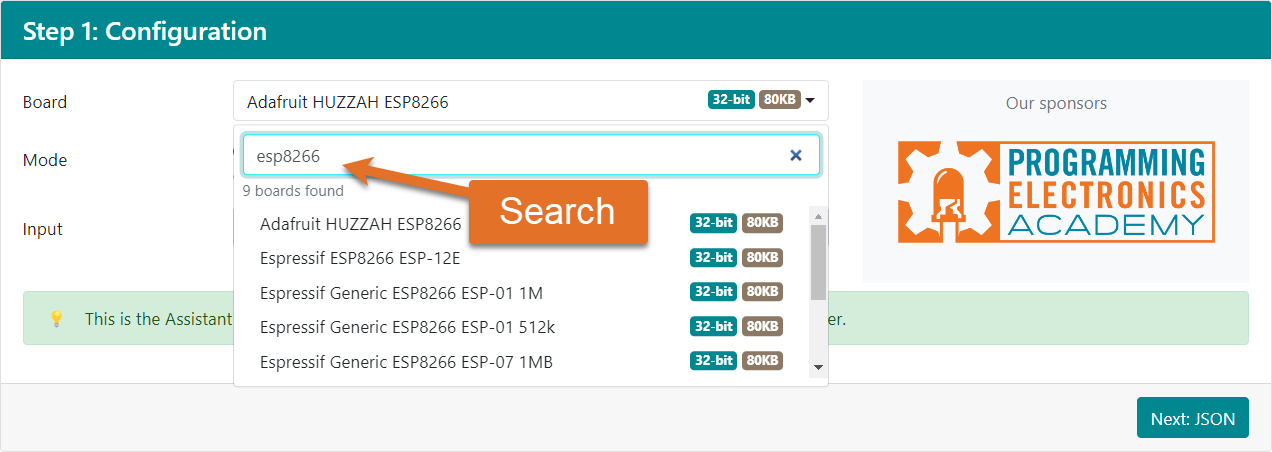 ArduinoJson Assistant v7 step 1, highlighting the board search