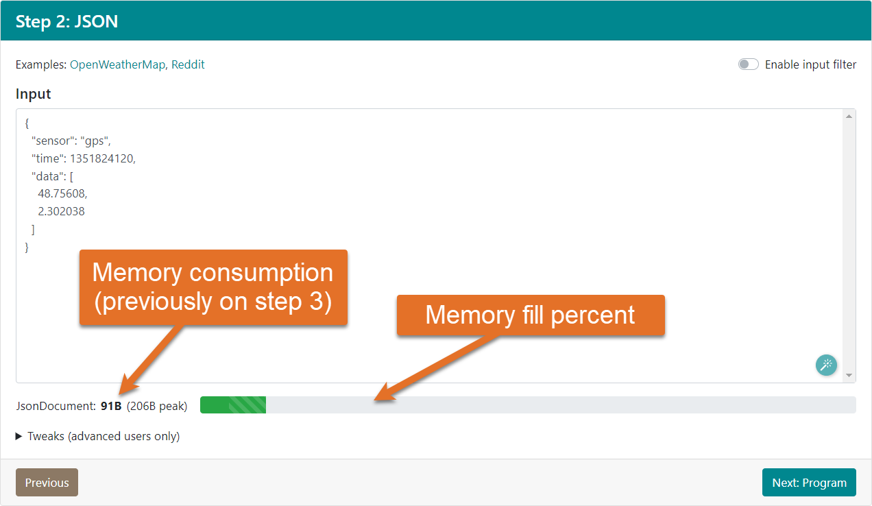 ArduinoJson Assistant v7 step 2, highlighting the memory consumption