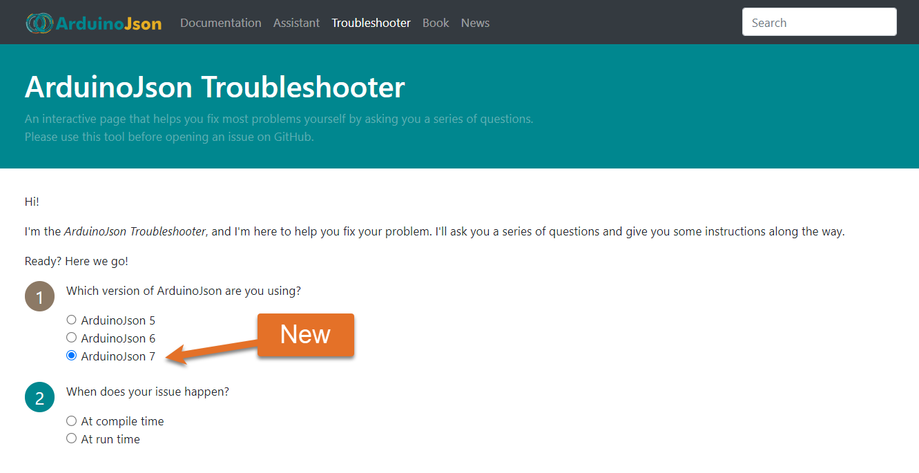 ArduinoJson Troubleshooter v7, highlighting the version selection